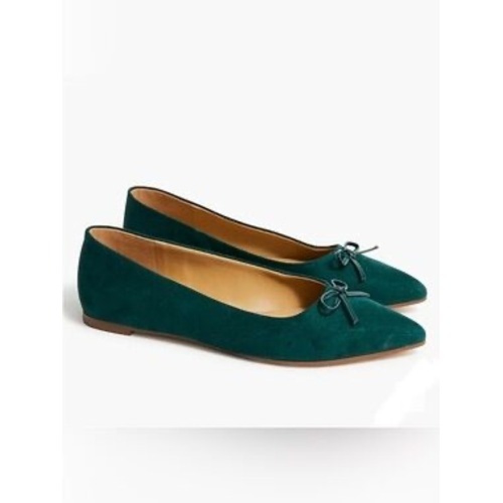 J.Crew Womens Forest Green Faux Suede Pointed Toe Bow Ballet Flats BT284 Size 10
